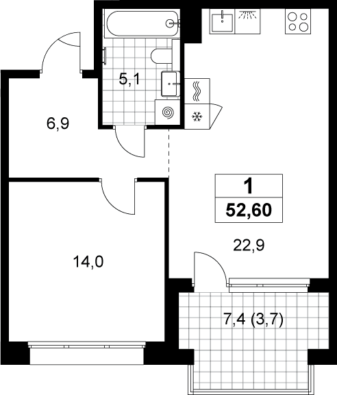 Планировка: Евродвушка 48,9 м² в ЖК «Хольм»