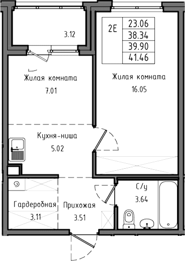 Планировка: Евродвушка 38,3 м² в ЖК «Тишин»