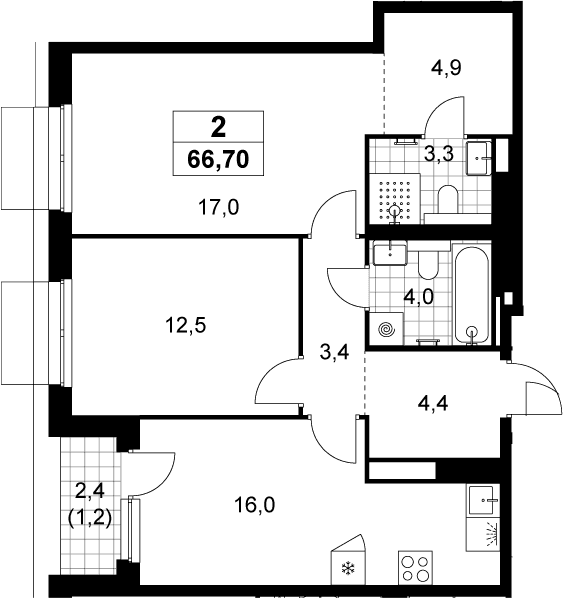 Планировка: Евротрёшка 65,5 м² в ЖК «Деснаречье»