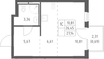 Планировка: Студия 26,5 м² в ЖК «Мытищи Парк»