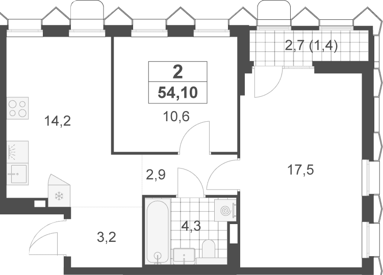 Планировка: 2-комнатная квартира 52,7 м² в ЖК «Деснаречье»