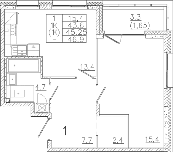 Планировка: 1-комнатная квартира 43,6 м² в ЖК «Лисино»