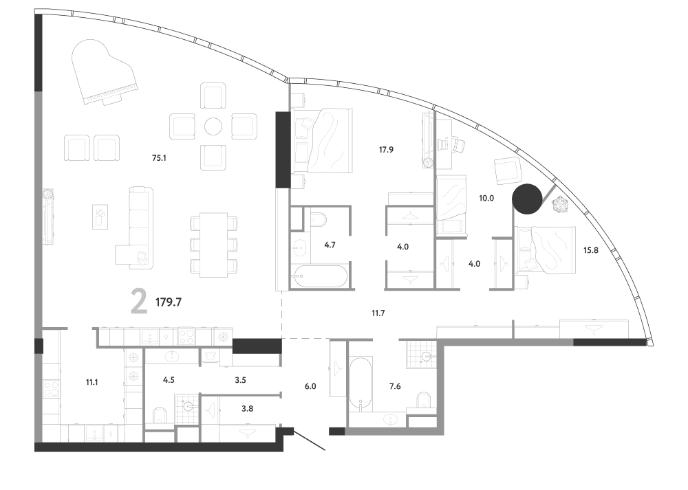 Планировка: Квартира евро-4 179,7 м² в ЖК «АУРУС Резиденции»