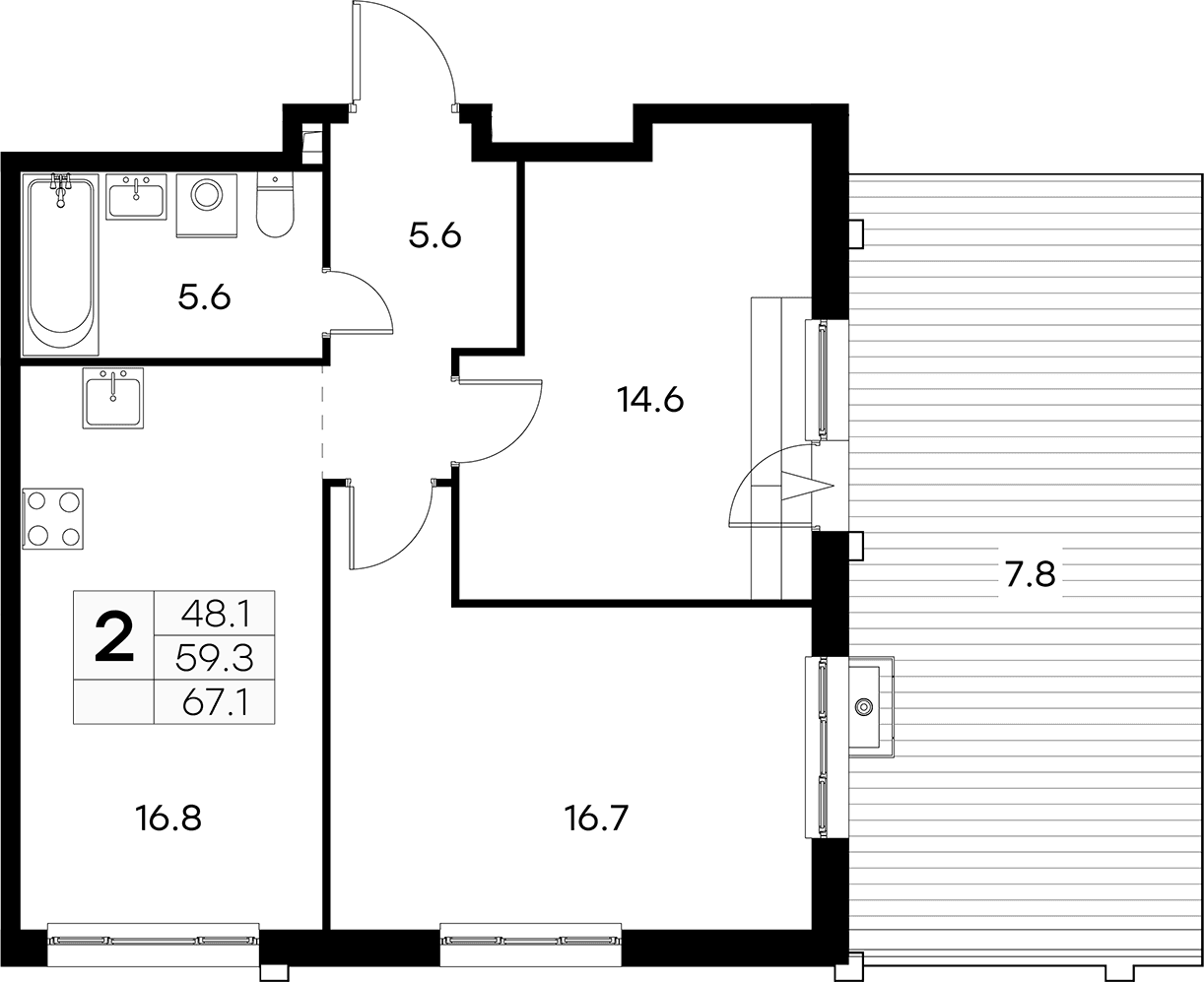 Планировка: Евротрёшка 59,3 м² в ЖК «Куркино 15»