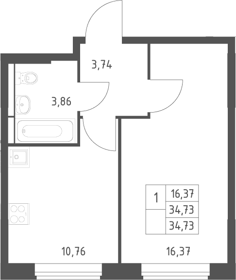 Планировка: 1-комнатная квартира 34,7 м² в ЖК «Большое Юрлово»