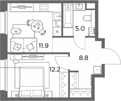 Планировка: 1-комнатная квартира 37,9 м² в ЖК «Станиславский»
