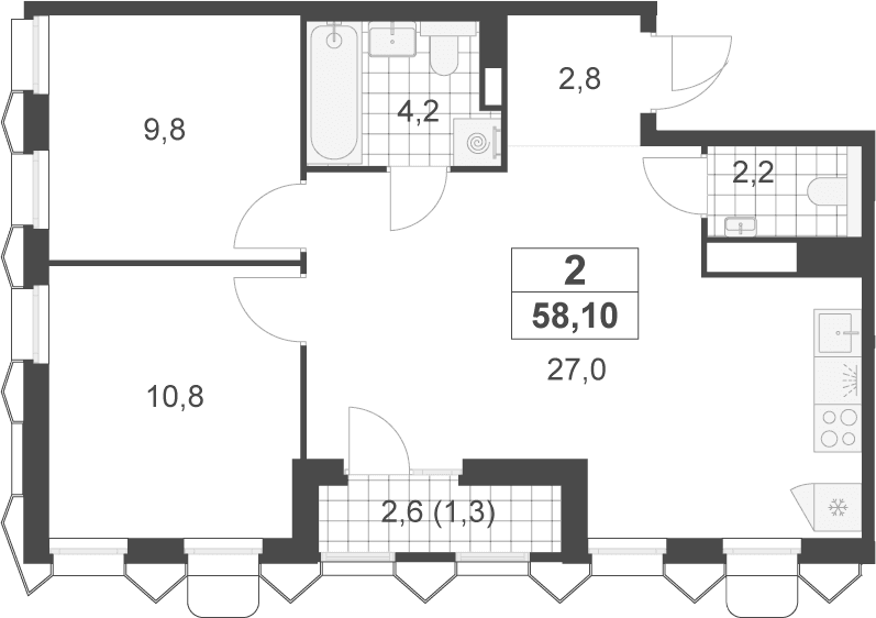 Планировка: Евротрёшка 56,8 м² в ЖК «Деснаречье»