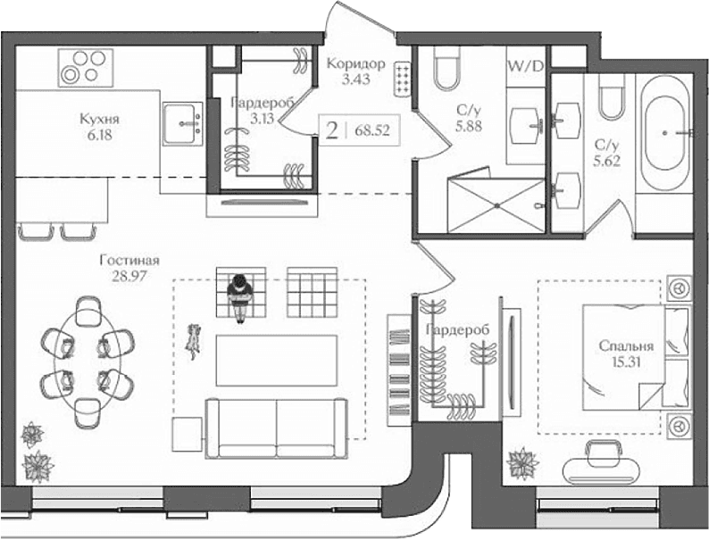 Планировка: Евродвушка 68,5 м² в ЖК «Преображенская площадь»