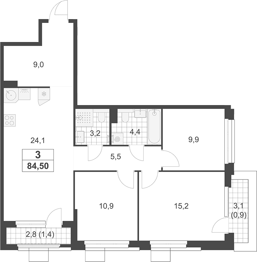 Планировка: Квартира евро-4 82,2 м² в ЖК «Южные сады»