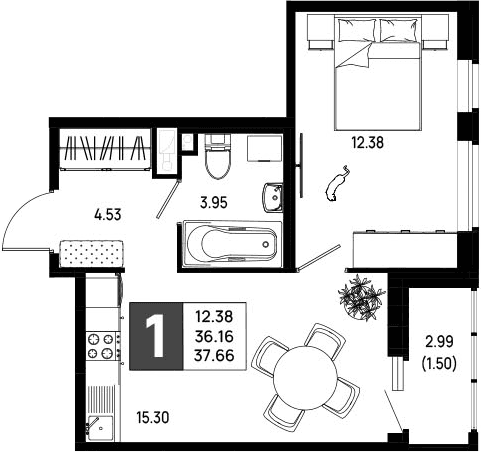 Планировка: Евродвушка 36,2 м² в ЖК «Имена»