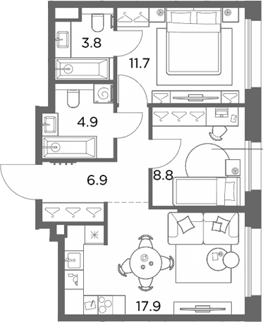 Планировка: 2-комнатная квартира 54 м² в ЖК «Станиславский»