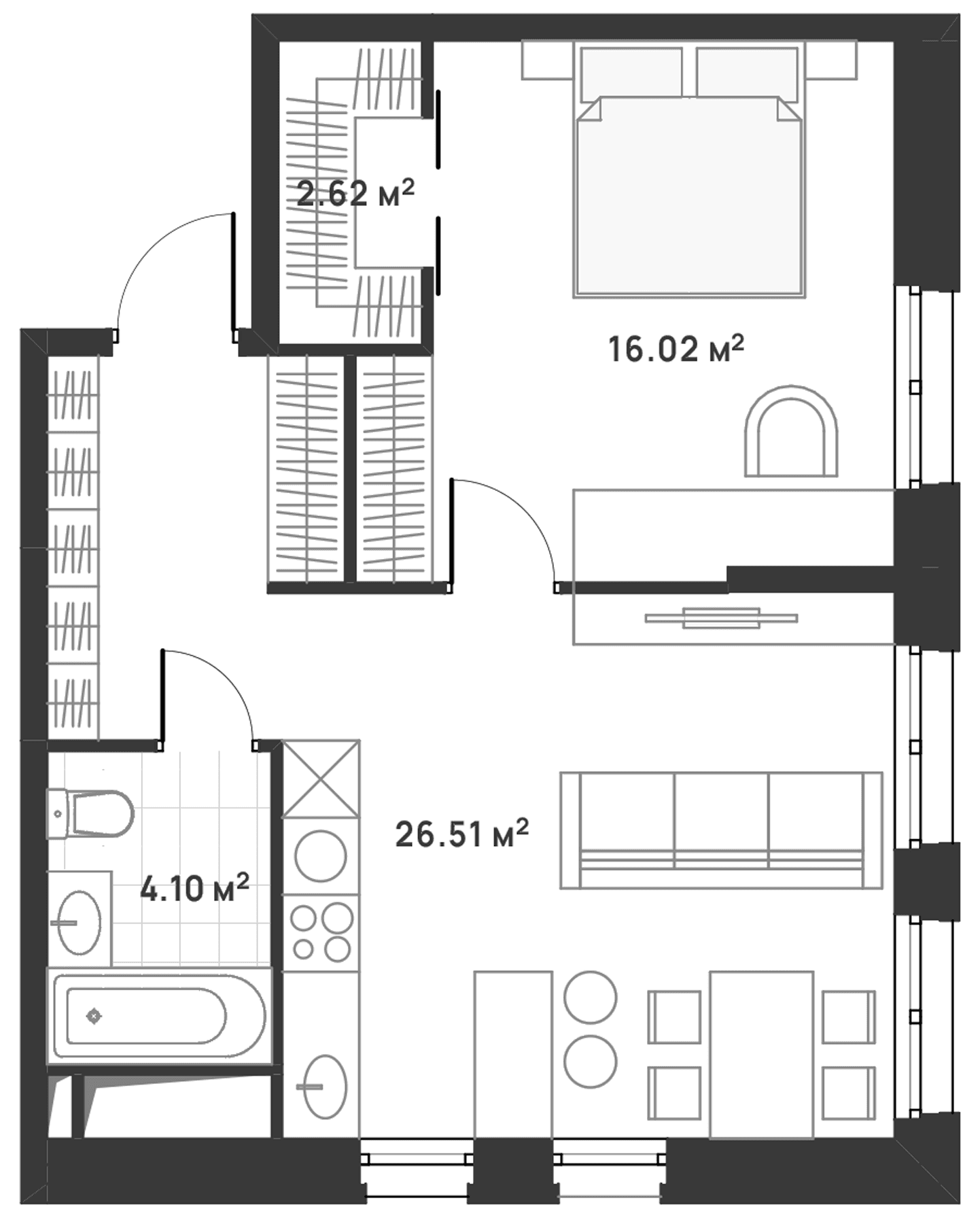 Планировка: Евродвушка 49,3 м² в ЖК «Дюна»
