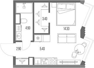Планировка: Студия 30,9 м² в ЖК «Северный Порт»
