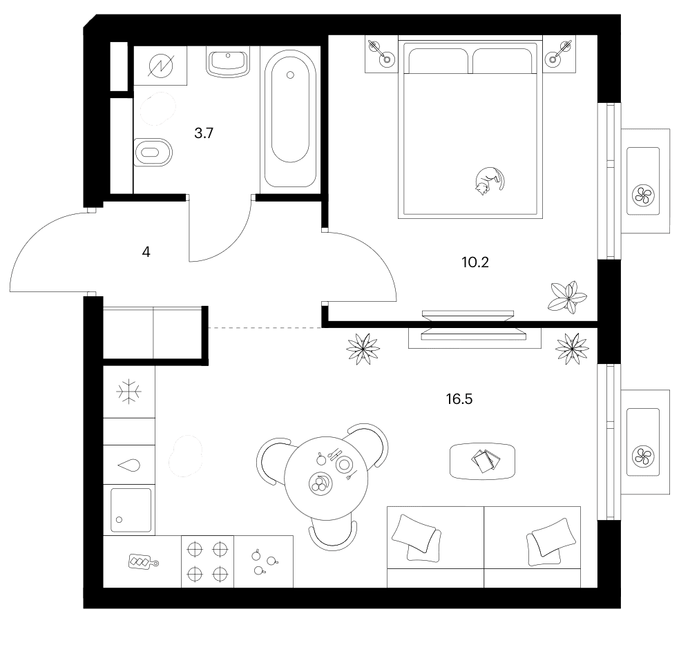 Планировка: 1-комнатная квартира 34,4 м² в ЖК «Белая Дача парк»