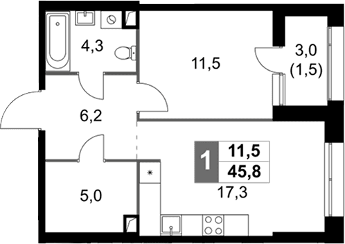 Планировка: Евродвушка 44,3 м² в ЖК «Скай Гарден»