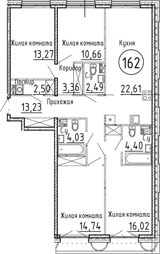 Планировка: Квартира евро-5 107,3 м² в ЖК «Остров Первых»