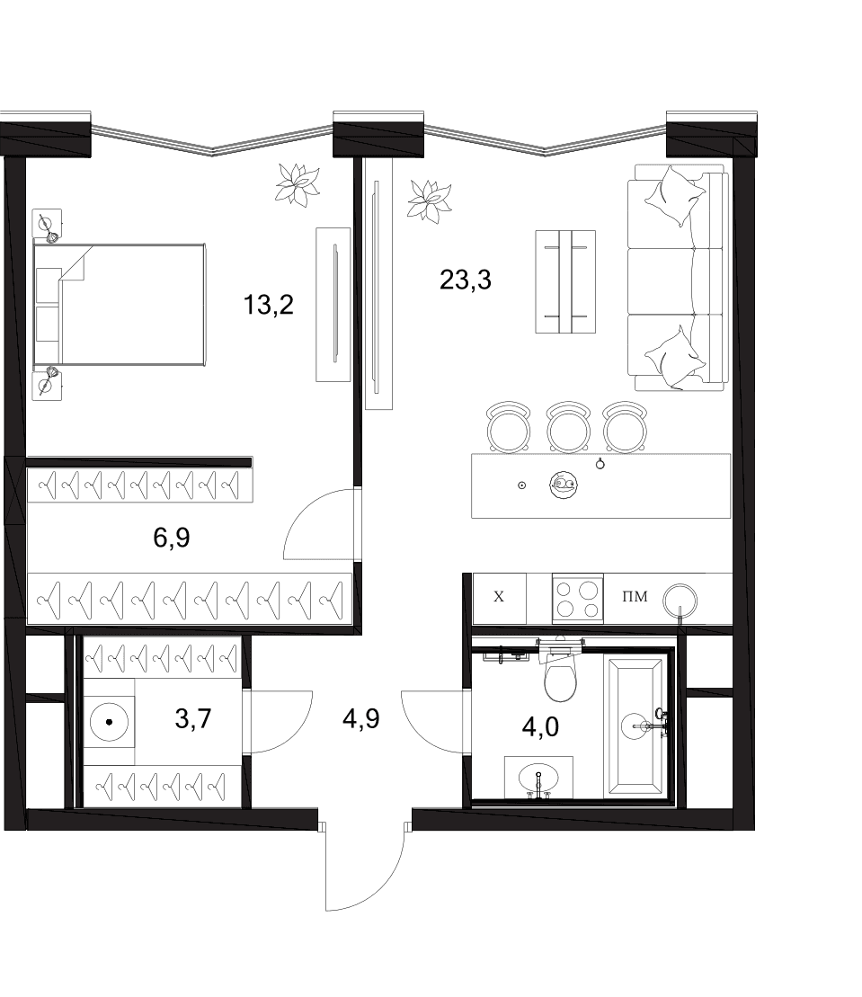 Планировка: Евродвушка 56 м² в ЖК «A. Residence»