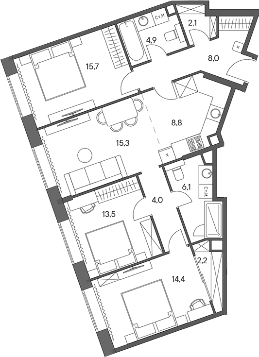 Планировка: Квартира евро-4 95 м² в ЖК «Родина Переделкино»