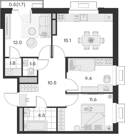 Планировка: 3-комнатная квартира 66,4 м² в ЖК «Михалевич»