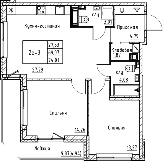 Планировка: Евротрёшка 69,1 м² в ЖК «Энфилд»