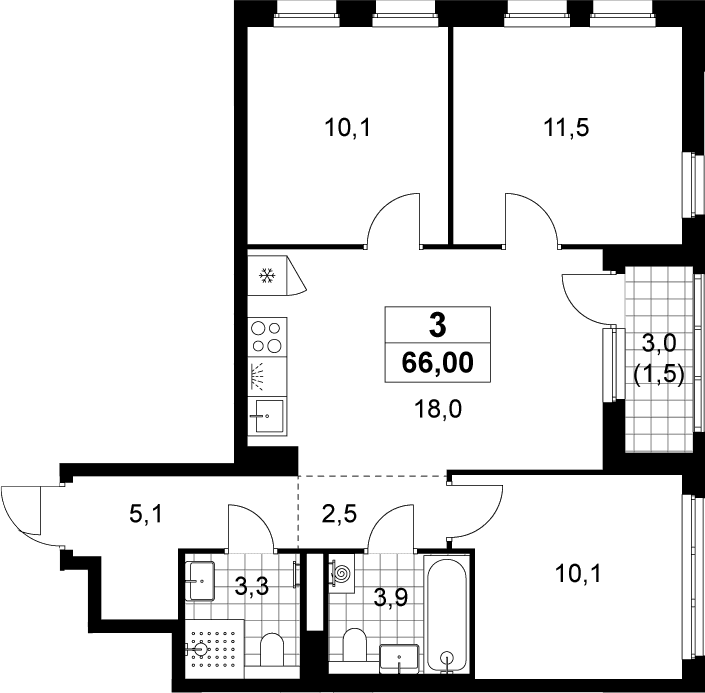 Планировка: Квартира евро-4 64,5 м² в ЖК «Деснаречье»