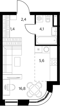 Планировка: Студия 30,7 м² в ЖК «Адмирал»