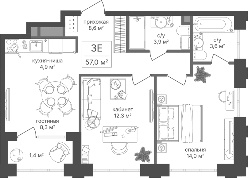 Планировка: Евротрёшка 55,6 м² в ЖК «Михалковский»