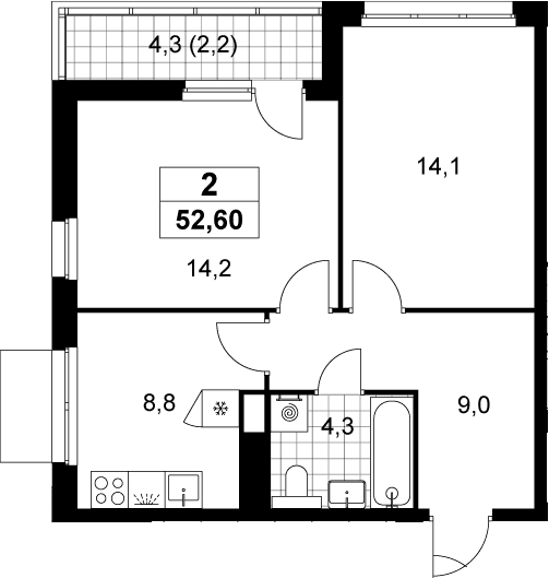 Планировка: 2-комнатная квартира 50,4 м² в ЖК «Деснаречье»