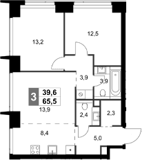 Планировка: Евротрёшка 65,5 м² в ЖК «Амбер Сити»