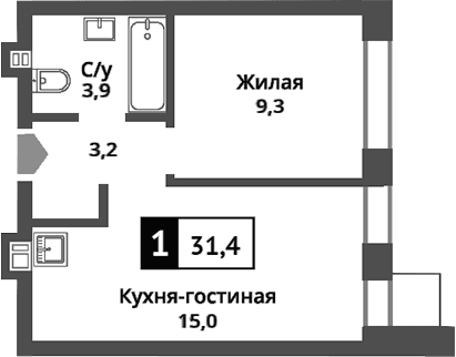 Планировка: Евродвушка 31,4 м² в ЖК «Никольский квартал Отрада»