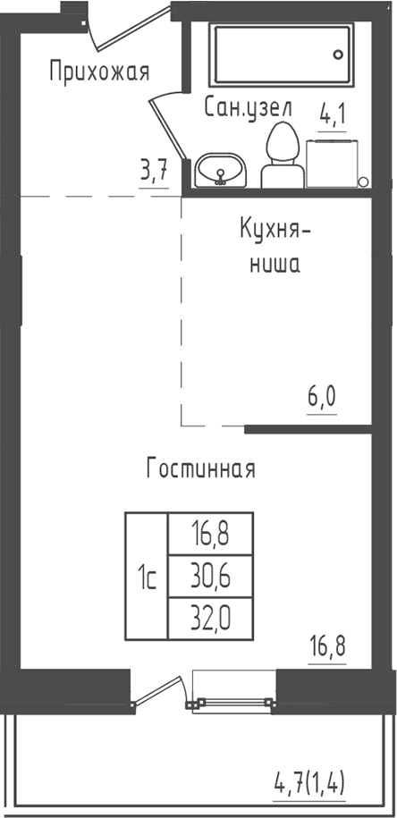 Планировка: Студия 30,6 м² в ЖК «Зеленый город»