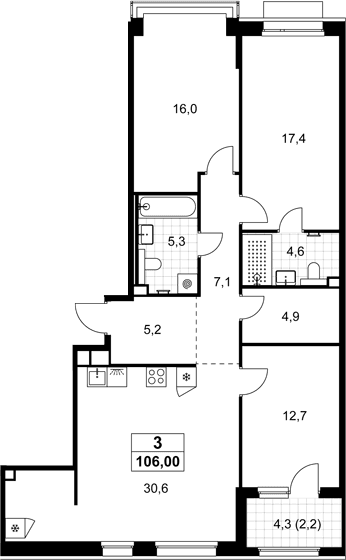 Планировка: Квартира евро-4 103,8 м² в ЖК «Хольм»