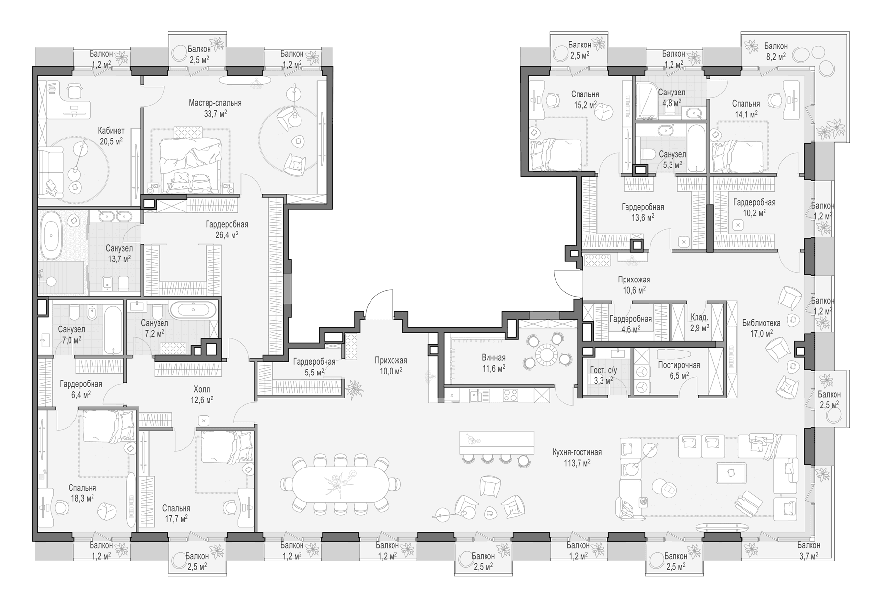 Планировка: 5-комнатная квартира 404,5 м² в ЖК «Квартал Тишинский бульвар»