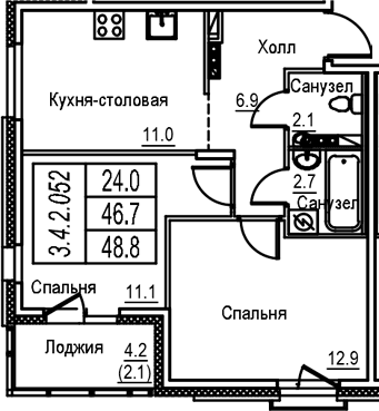 Планировка: 2-комнатная квартира 46,7 м² в ЖК «Экография»