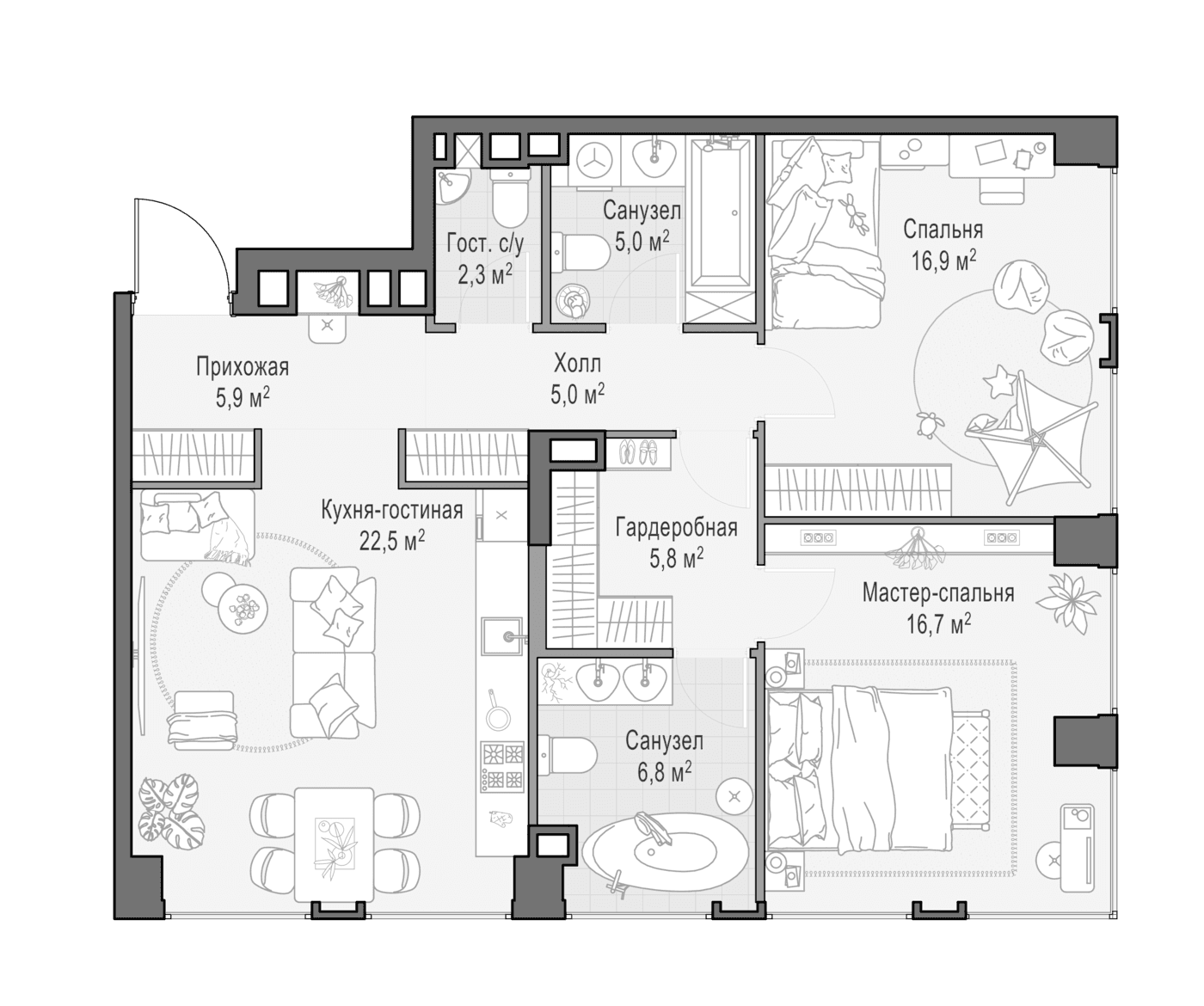 Планировка: Евротрёшка 86,4 м² в ЖК «Квартал Life Time»