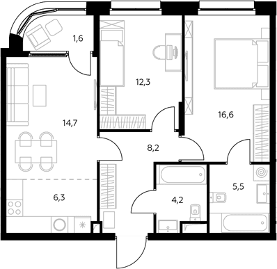 Планировка: Евротрёшка 68,2 м² в ЖК «Адмирал»