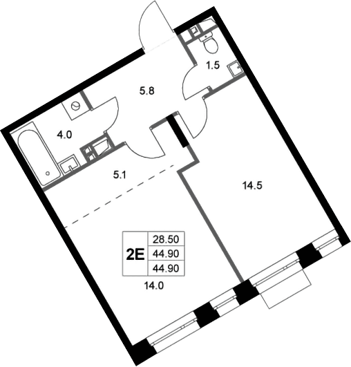 Планировка: Евродвушка 44,9 м² в ЖК «Кореневский Форт 2.3»