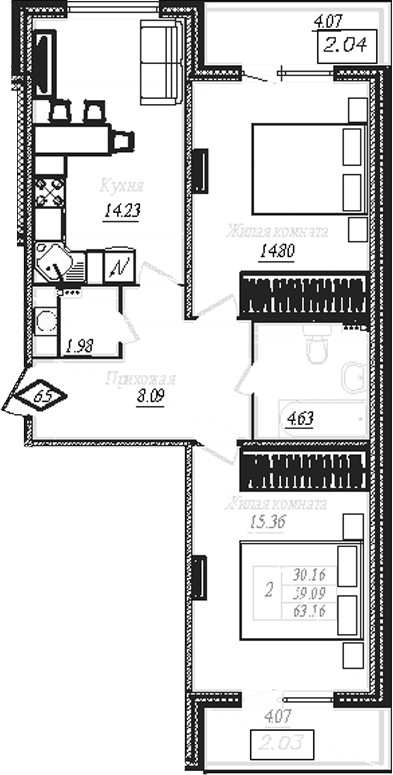 Планировка: 2-комнатная квартира 59,1 м² в ЖК «АРО»