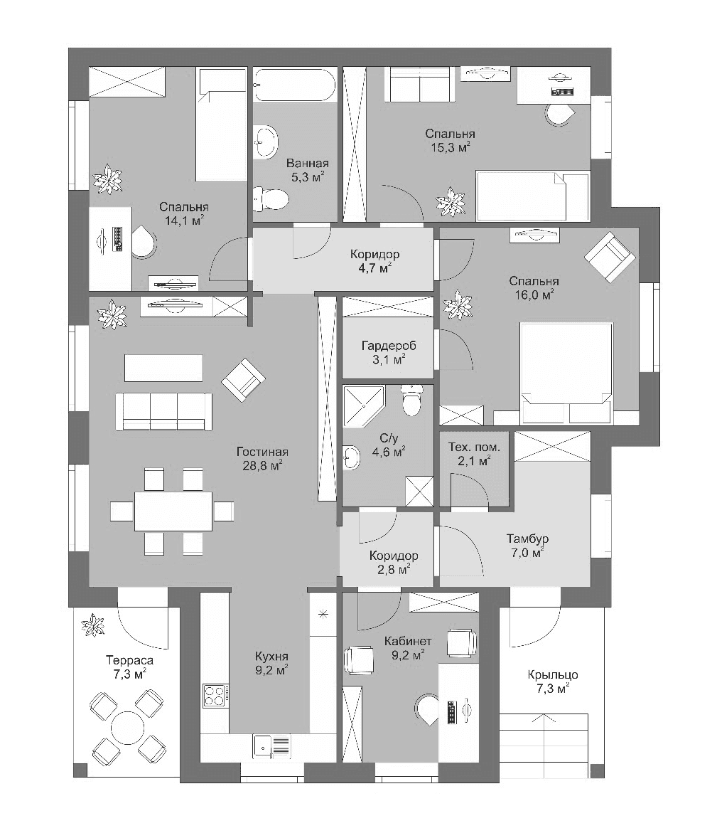 Планировка: Коттедж 129,5 м² в ЖК «Коттеджный поселок Светлая Поляна»