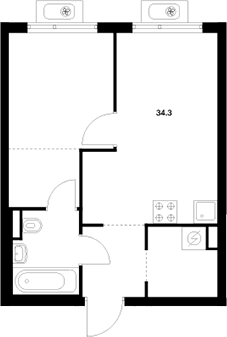Планировка: 1-комнатная квартира 34,5 м² в ЖК «Белая Дача парк»