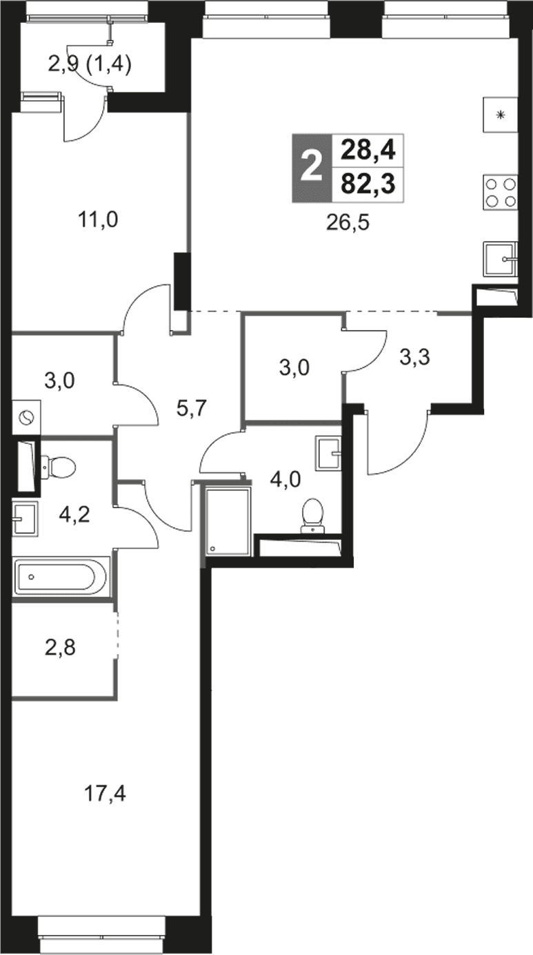 Планировка: Евротрёшка 80,9 м² в ЖК «Скай Гарден»