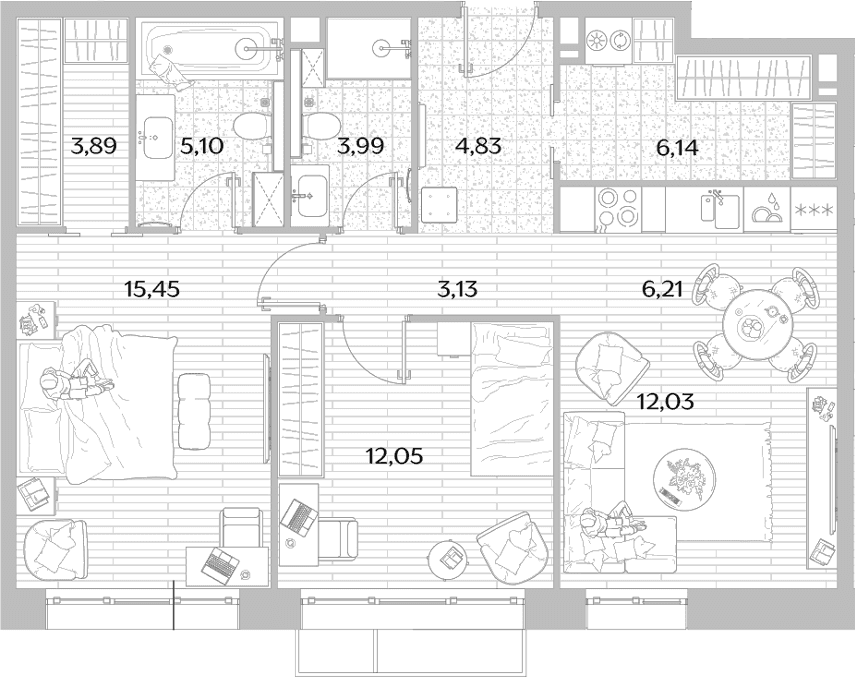 Планировка: Евротрёшка 72,8 м² в ЖК «МЫС»