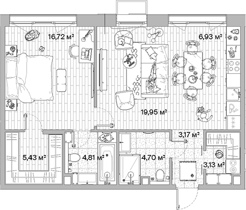 Планировка: Евродвушка 64,8 м² в ЖК «МЫС»