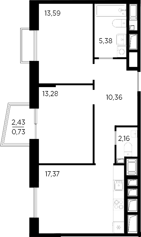 Планировка: Евротрёшка 62,1 м² в ЖК «Респект»