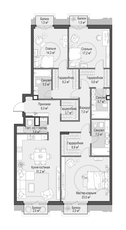 Планировка: Квартира евро-4 149,8 м² в ЖК «Квартал Тишинский бульвар»