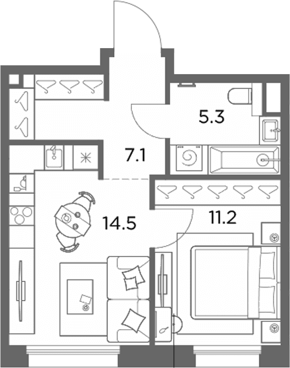 Планировка: 1-комнатная квартира 38,1 м² в ЖК «Станиславский»