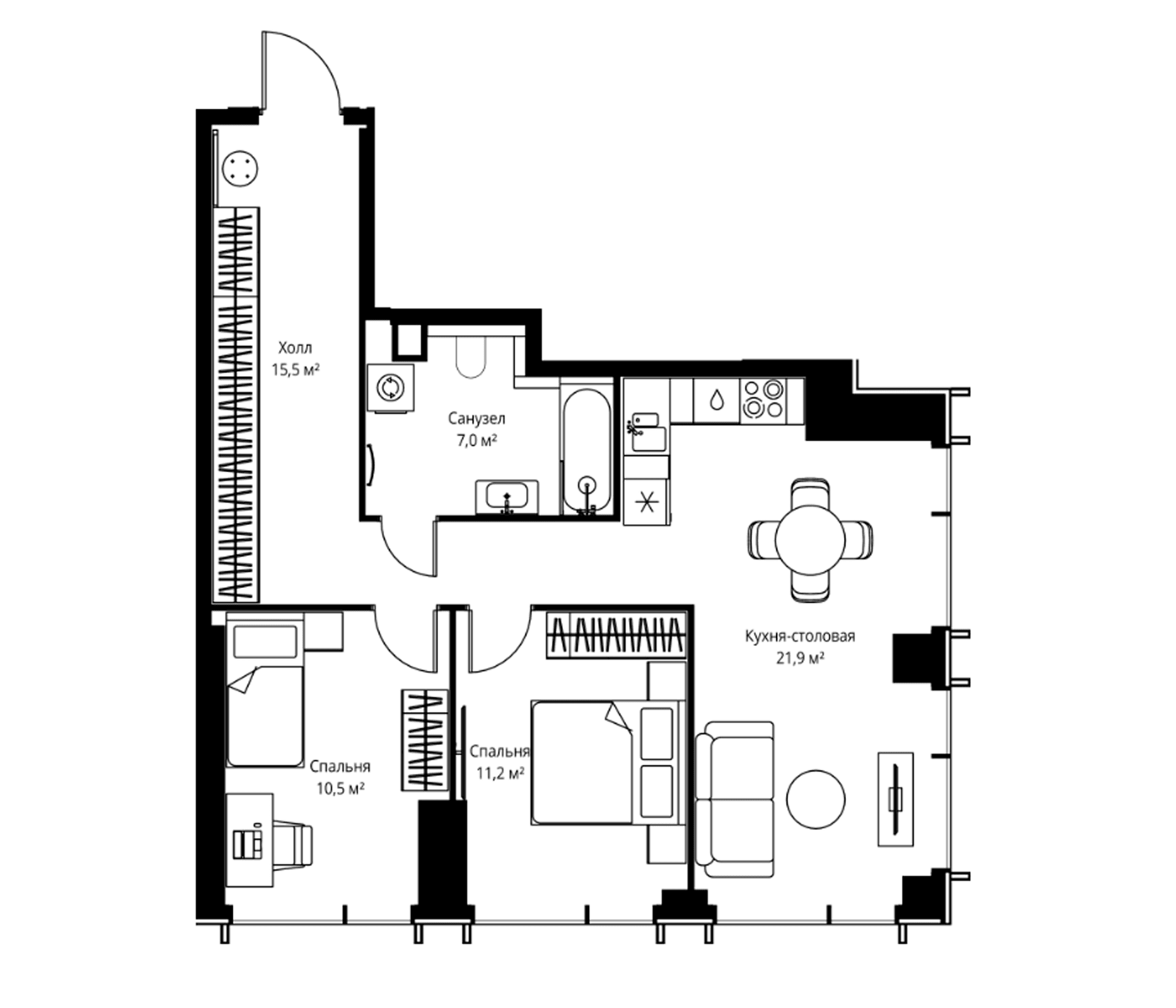 Планировка: 2-комнатная квартира 66,1 м² в ЖК «Веер»
