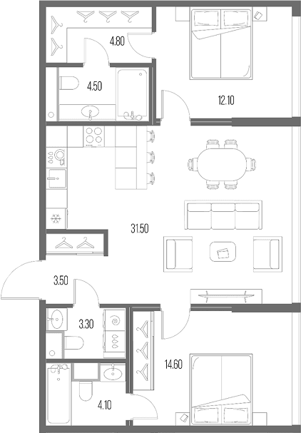 Планировка: 2-комнатная квартира 78,4 м² в ЖК «Северный Порт»