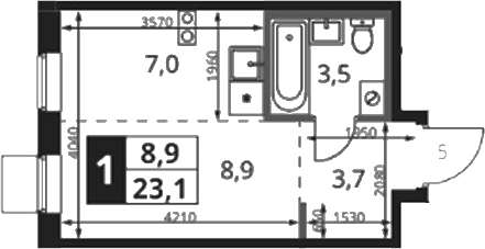 Планировка: Студия 23,7 м² в ЖК «1-й Ясеневский»