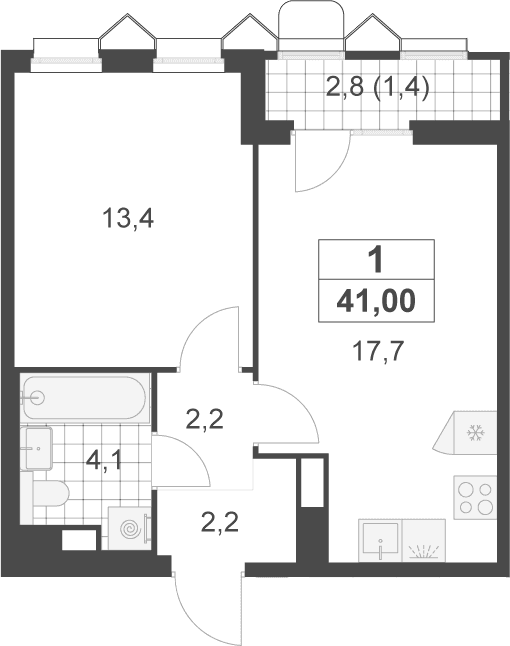 Планировка: Евродвушка 39,6 м² в ЖК «Деснаречье»